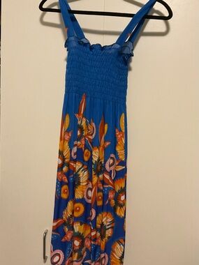 New With Tag Ace Fashions Blue Floral Tropical Smocked Sundress Women’s Small